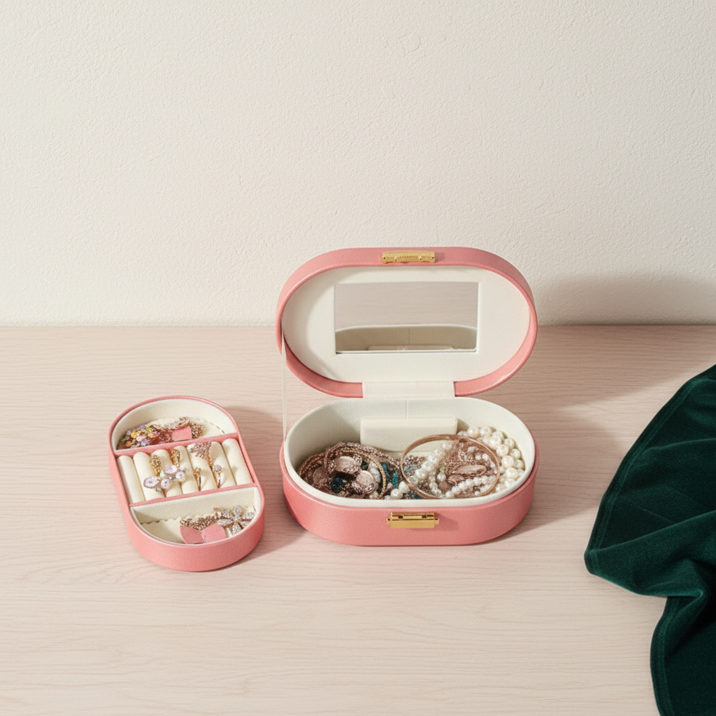 Coffret à bijoux en cuir à nœud, avec miroir, coloris rose