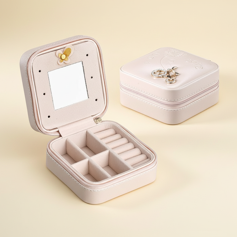 Boîte à bijoux carrée à miroir, format voyage, coloris rose