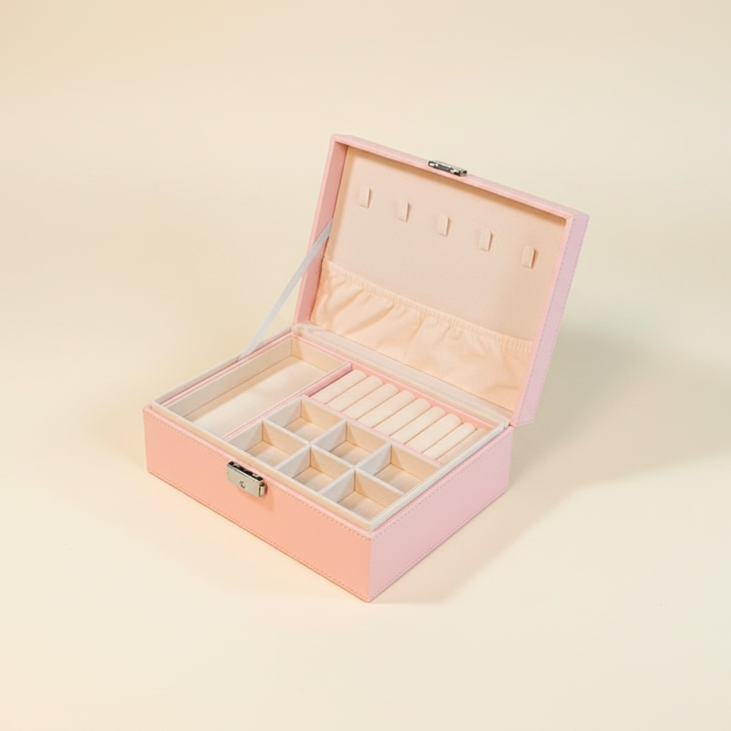 Boîte à bijoux à deux niveaux avec tiroir, coloris rose
