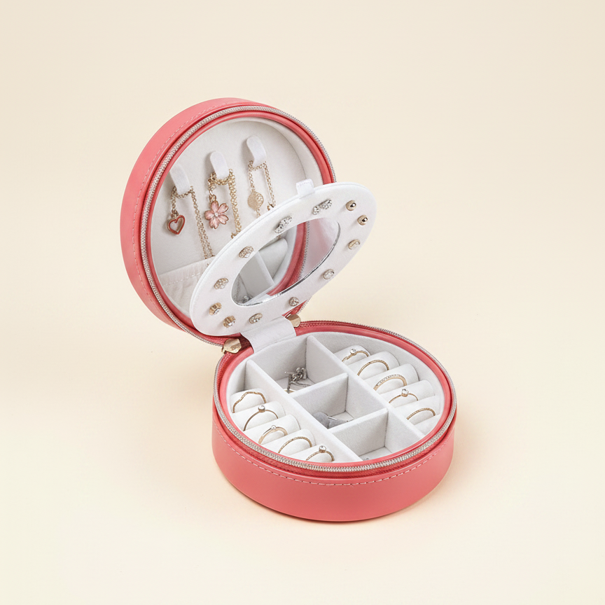 Écrin à bagues rond zippé avec miroir, coloris rose
