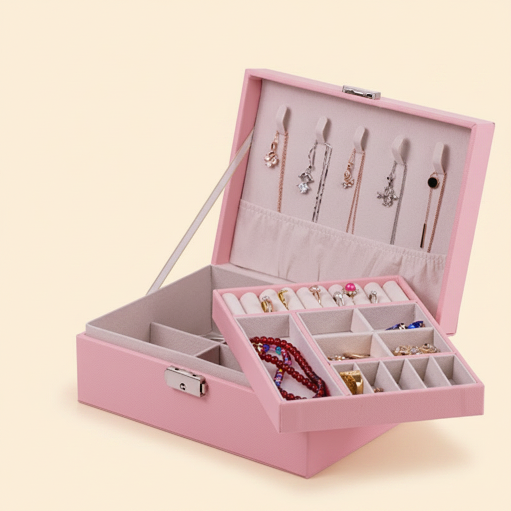 Rangement à bijoux à deux niveaux et casiers, coloris rose