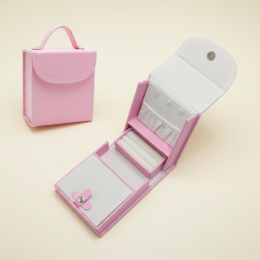 Boîte à bijoux de voyage pliable en cuir, coloris rose
