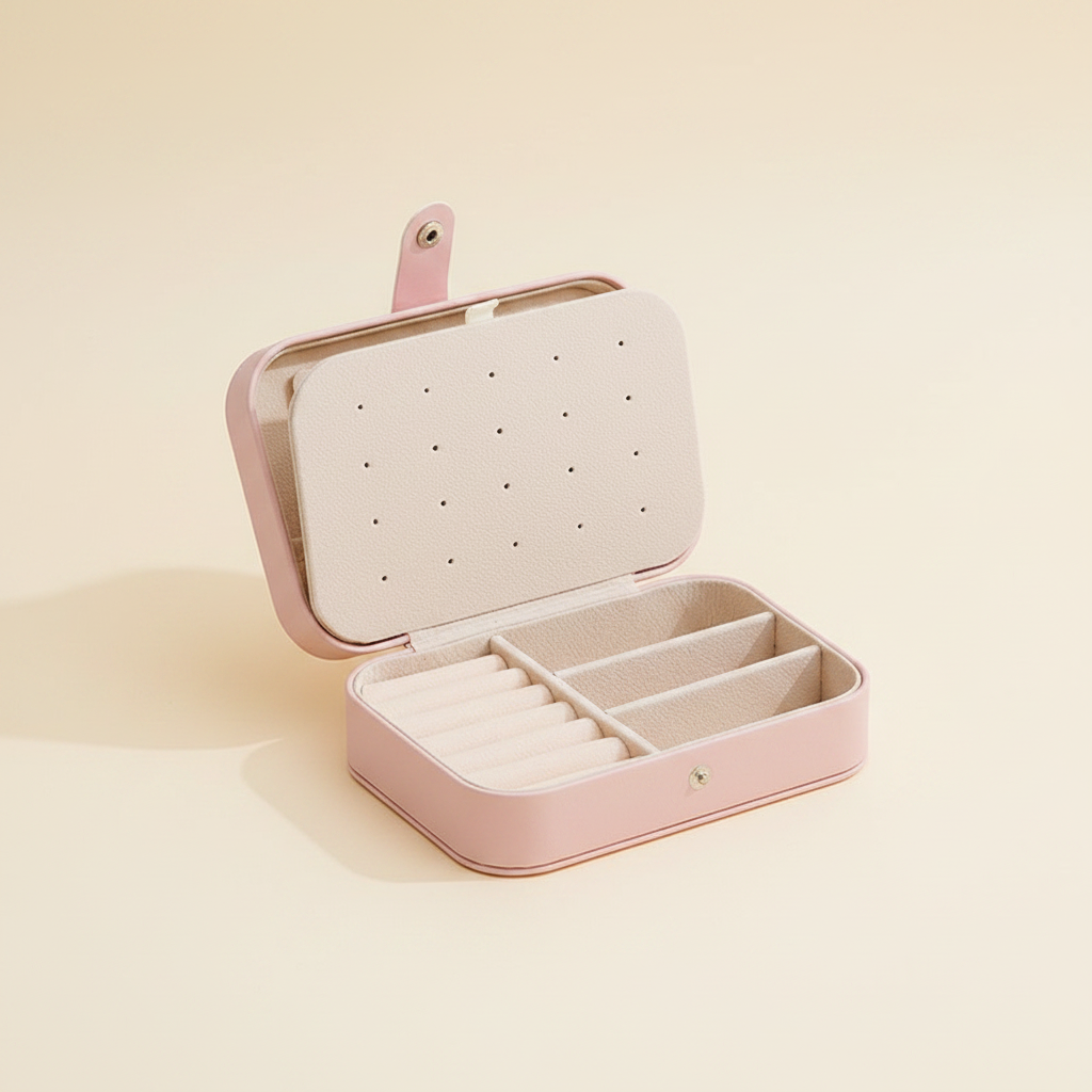 Boîte à bijoux de voyage en cuir à deux niveaux, coloris rose