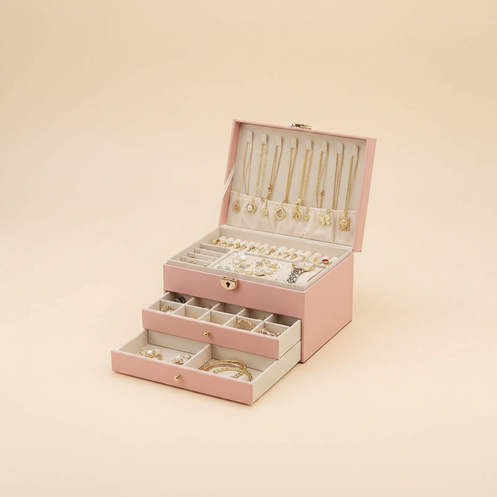 Boîte à bijoux femme à trois niveaux avec clé, coloris rose