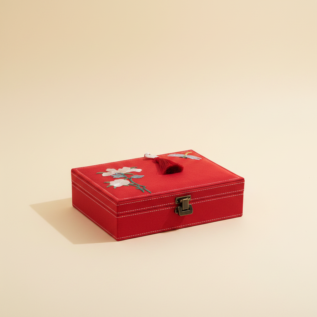 Boîte à bijoux en flanelle brodée à motif fleuri, coloris rouge
