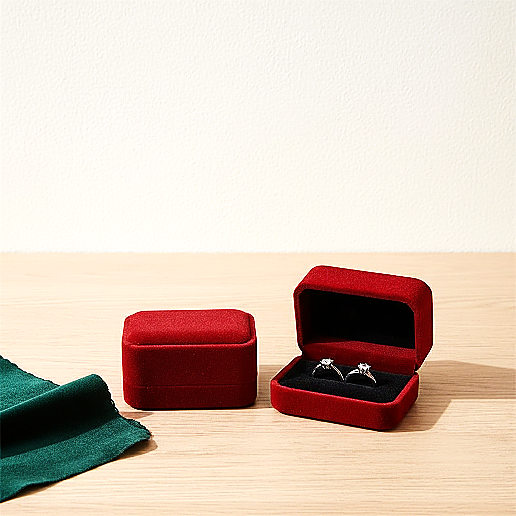 Coffret à bague en flanelle à doublure contrastée, coloris rouge