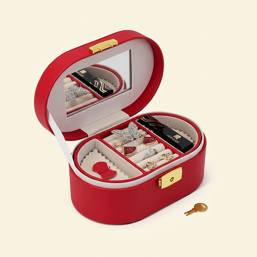 Coffret à bijoux fillette avec miroir et clé, coloris rouge