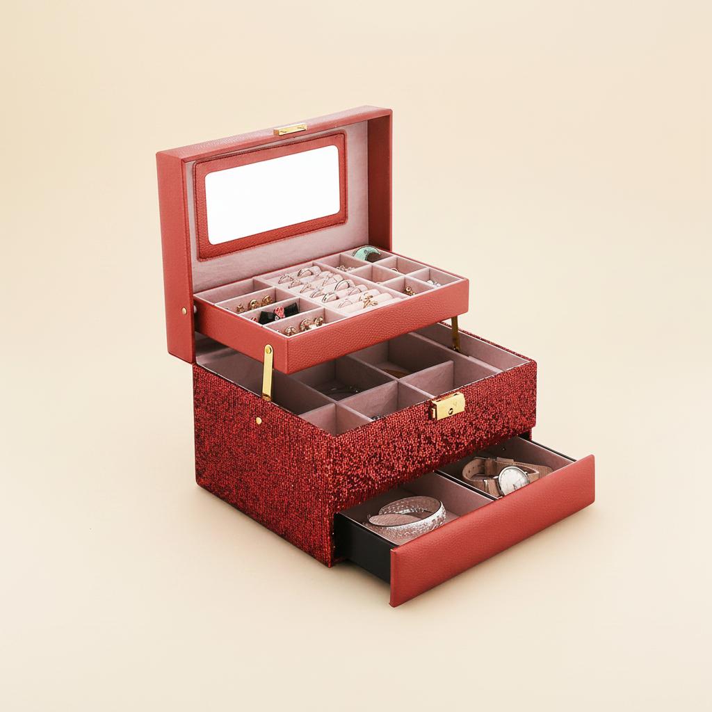 Boîte à bijoux à miroir et tiroir, extérieur pailleté, coloris rouge