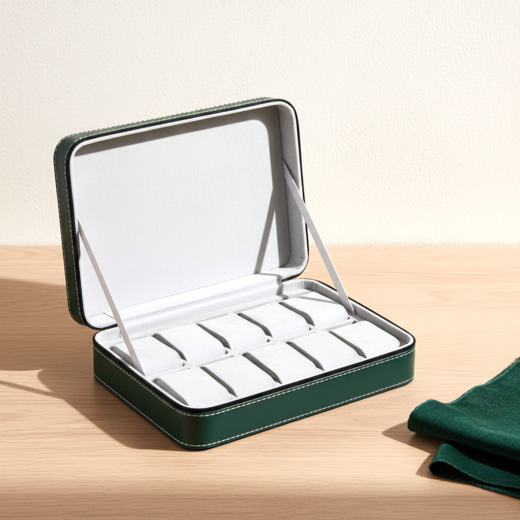 Boîte à montre en cuir zippée, 10 emplacements, coloris verte