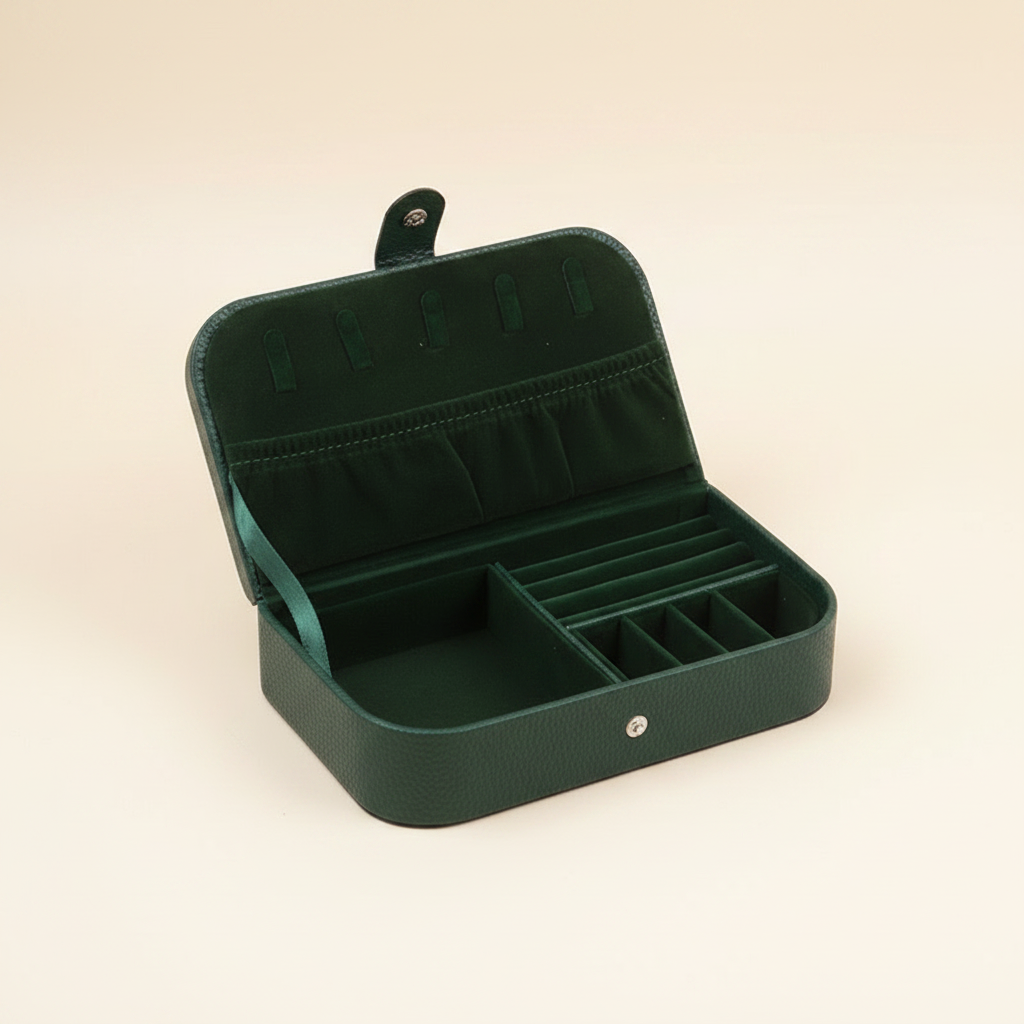 Boîte à bijoux en cuir à deux niveaux, coloris verte