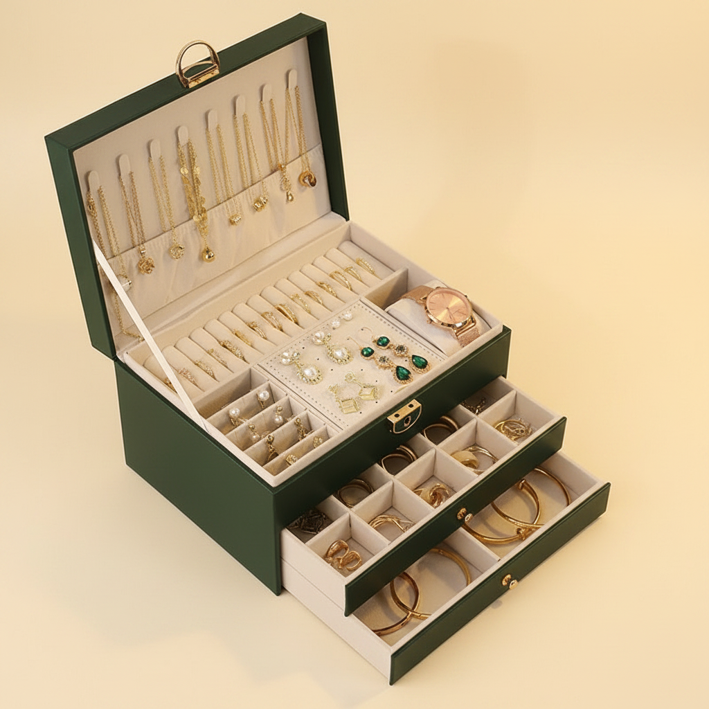 Boîte à bijoux femme à trois niveaux avec clé, coloris verte