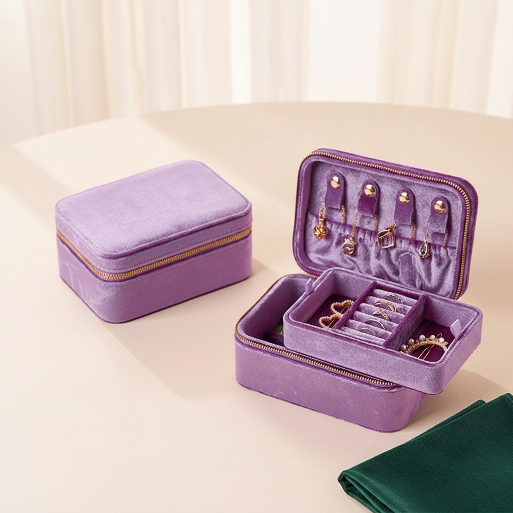 Boîte à bijoux en velours zippée, coloris violette