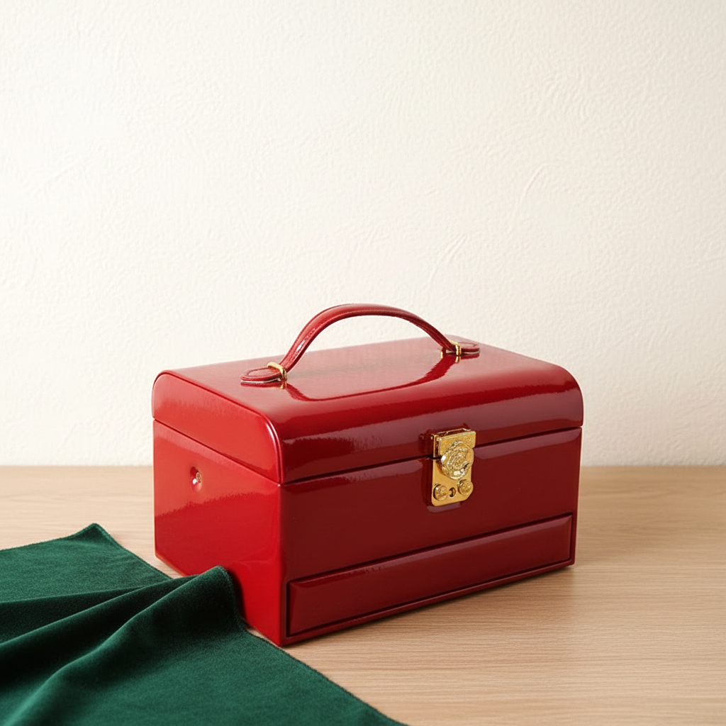 Coffret ouvert, miroir pleine largeur sous le couvercle