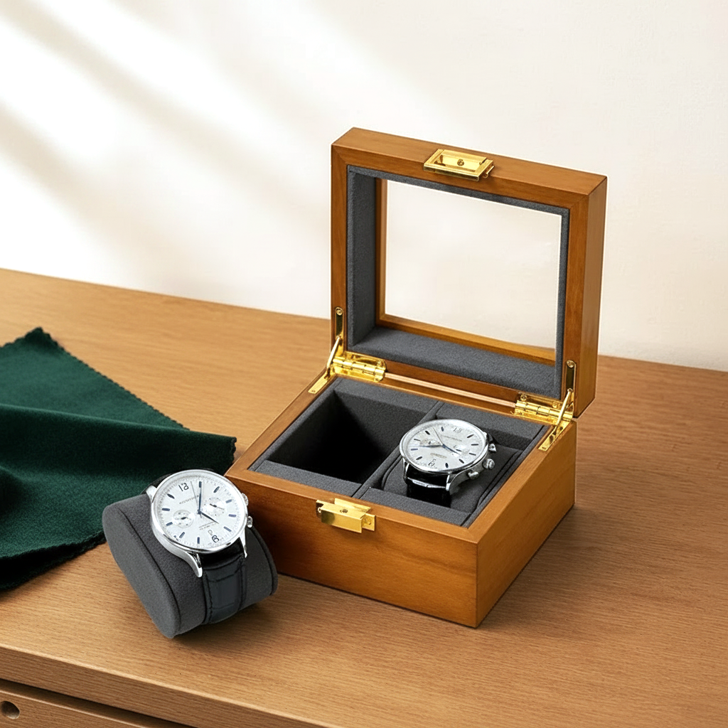 Écrin à montre en bois ouvert, coussins visibles