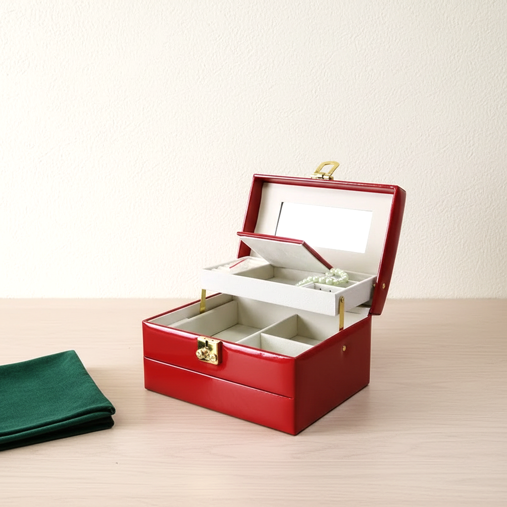 Coffret à bijoux tenu par sa poignée, échelle réelle