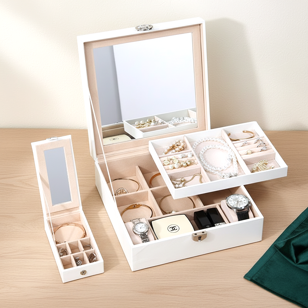 Coffret ouvert, miroir sous le couvercle et plateau garni